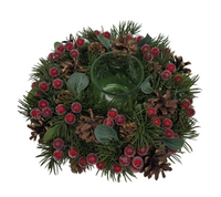 Table Décor: 26cm(D) | Frosted Berry & Pine cone wreath with candle holder