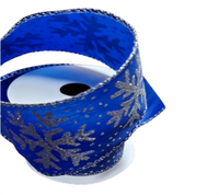Ribbon: 2.7m (L) x 6.3cm (W) | Blue with Silver Snowflakes