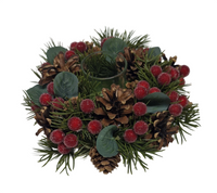 Table Décor: 19cm(D) | Frosted Berry & Pine cone wreath with candle holder